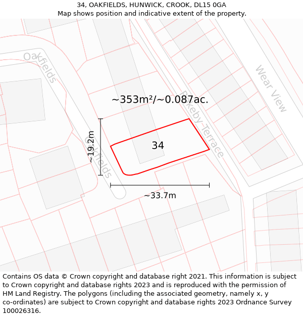 34, OAKFIELDS, HUNWICK, CROOK, DL15 0GA: Plot and title map