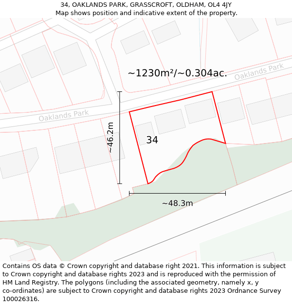 34, OAKLANDS PARK, GRASSCROFT, OLDHAM, OL4 4JY: Plot and title map