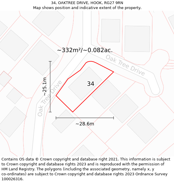 34, OAKTREE DRIVE, HOOK, RG27 9RN: Plot and title map