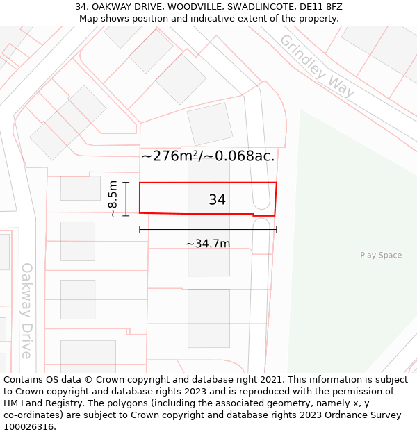 34, OAKWAY DRIVE, WOODVILLE, SWADLINCOTE, DE11 8FZ: Plot and title map