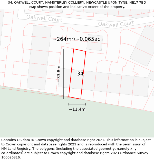 34, OAKWELL COURT, HAMSTERLEY COLLIERY, NEWCASTLE UPON TYNE, NE17 7BD: Plot and title map