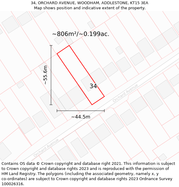 34, ORCHARD AVENUE, WOODHAM, ADDLESTONE, KT15 3EA: Plot and title map