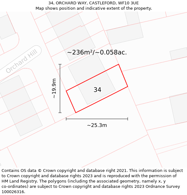 34, ORCHARD WAY, CASTLEFORD, WF10 3UE: Plot and title map