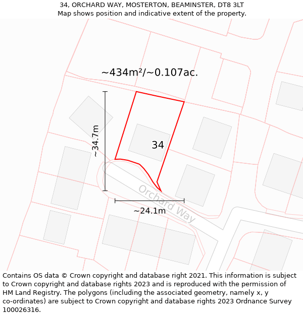 34, ORCHARD WAY, MOSTERTON, BEAMINSTER, DT8 3LT: Plot and title map