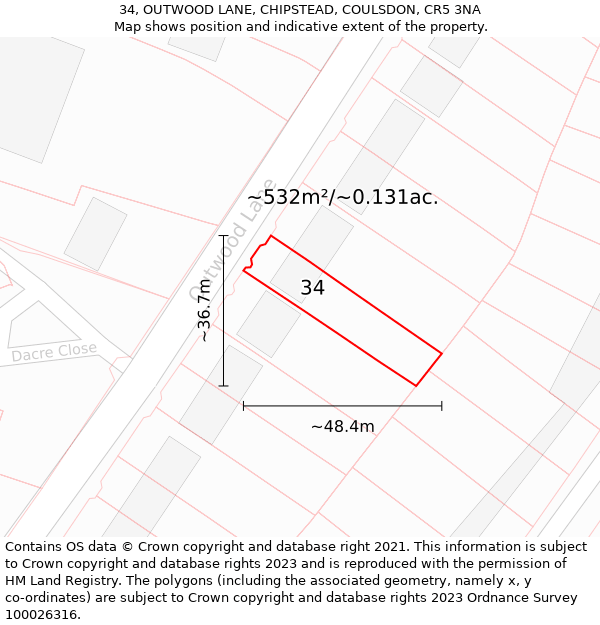 34, OUTWOOD LANE, CHIPSTEAD, COULSDON, CR5 3NA: Plot and title map