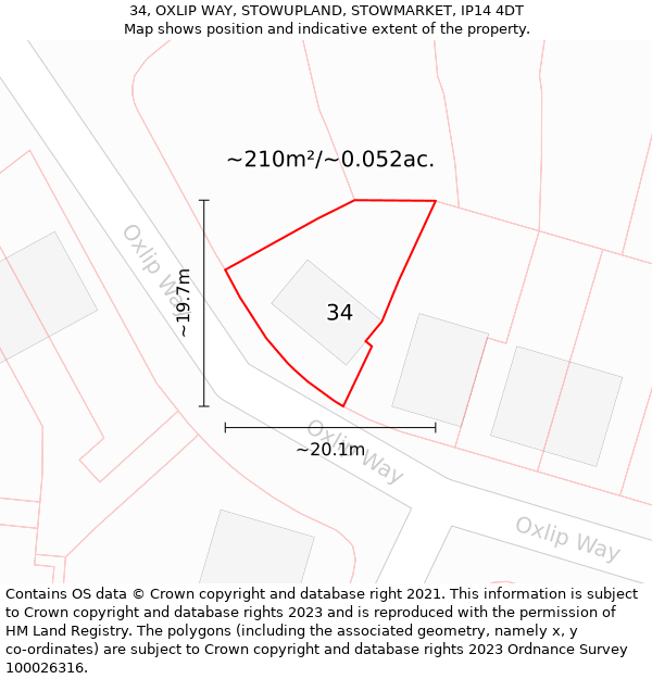 34, OXLIP WAY, STOWUPLAND, STOWMARKET, IP14 4DT: Plot and title map