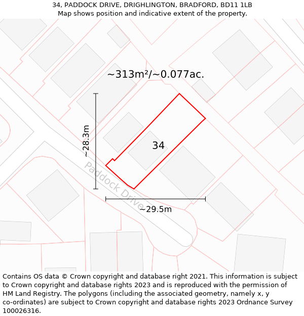 34, PADDOCK DRIVE, DRIGHLINGTON, BRADFORD, BD11 1LB: Plot and title map