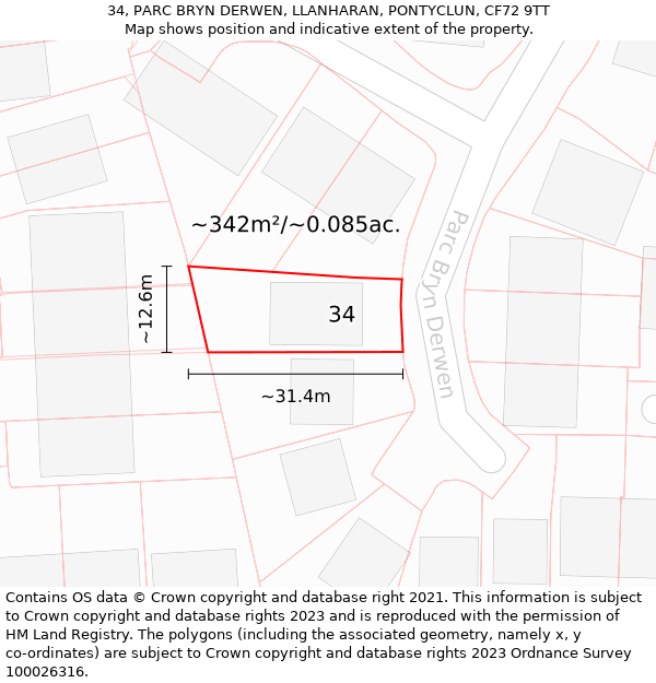 34, PARC BRYN DERWEN, LLANHARAN, PONTYCLUN, CF72 9TT: Plot and title map