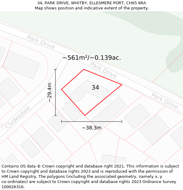 34, PARK DRIVE, WHITBY, ELLESMERE PORT, CH65 6RA: Plot and title map