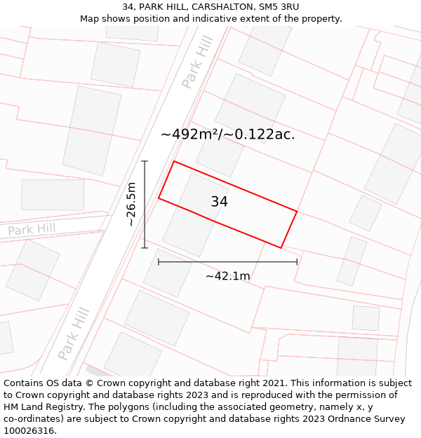 34, PARK HILL, CARSHALTON, SM5 3RU: Plot and title map