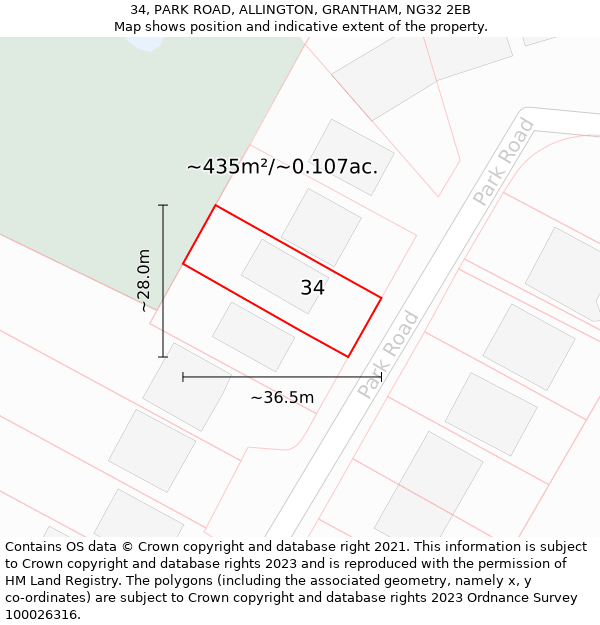 34, PARK ROAD, ALLINGTON, GRANTHAM, NG32 2EB: Plot and title map