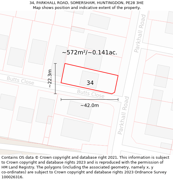 34, PARKHALL ROAD, SOMERSHAM, HUNTINGDON, PE28 3HE: Plot and title map