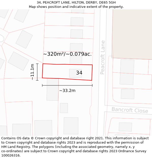 34, PEACROFT LANE, HILTON, DERBY, DE65 5GH: Plot and title map