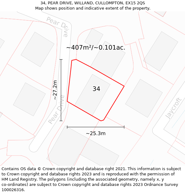 34, PEAR DRIVE, WILLAND, CULLOMPTON, EX15 2QS: Plot and title map