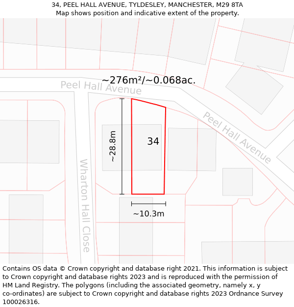 34, PEEL HALL AVENUE, TYLDESLEY, MANCHESTER, M29 8TA: Plot and title map