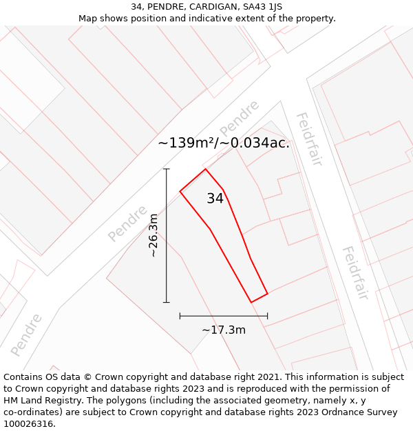 34, PENDRE, CARDIGAN, SA43 1JS: Plot and title map