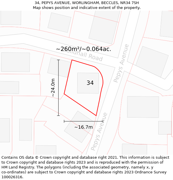 34, PEPYS AVENUE, WORLINGHAM, BECCLES, NR34 7SH: Plot and title map