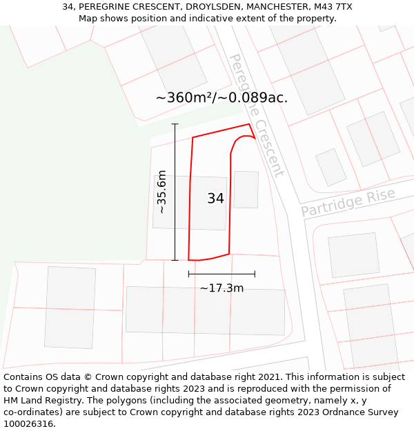 34, PEREGRINE CRESCENT, DROYLSDEN, MANCHESTER, M43 7TX: Plot and title map