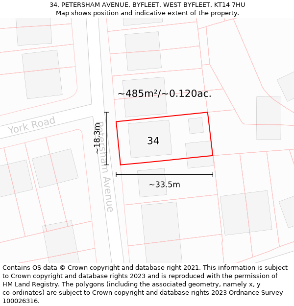 34, PETERSHAM AVENUE, BYFLEET, WEST BYFLEET, KT14 7HU: Plot and title map