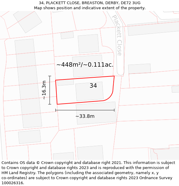 34, PLACKETT CLOSE, BREASTON, DERBY, DE72 3UG: Plot and title map