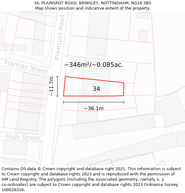 34, PLAINSPOT ROAD, BRINSLEY, NOTTINGHAM, NG16 5BS: Plot and title map