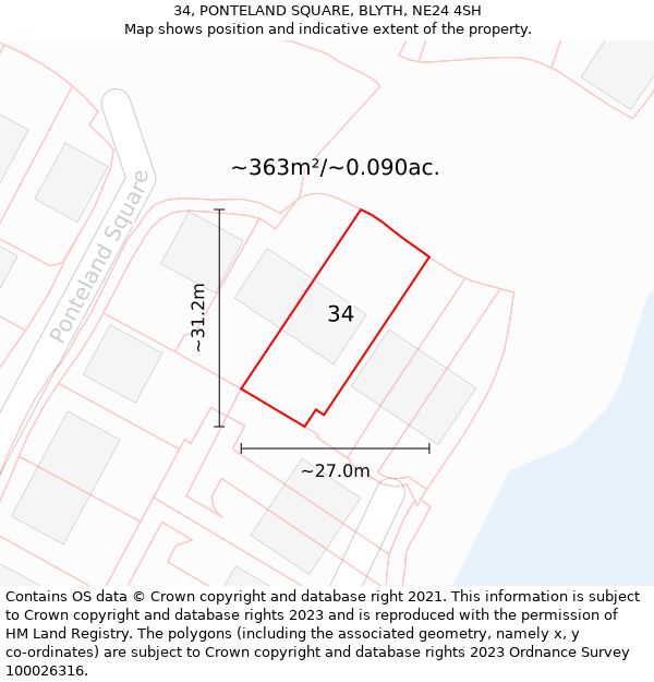 34, PONTELAND SQUARE, BLYTH, NE24 4SH: Plot and title map