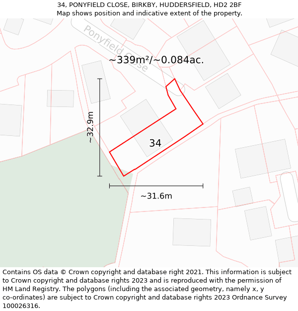 34, PONYFIELD CLOSE, BIRKBY, HUDDERSFIELD, HD2 2BF: Plot and title map