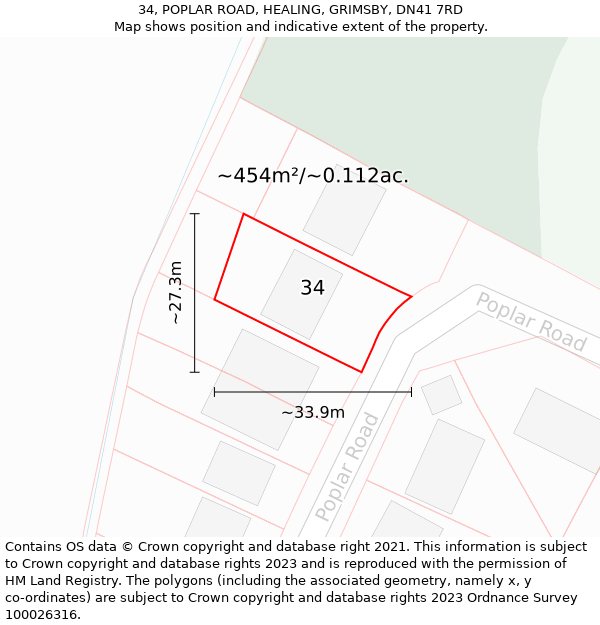 34, POPLAR ROAD, HEALING, GRIMSBY, DN41 7RD: Plot and title map