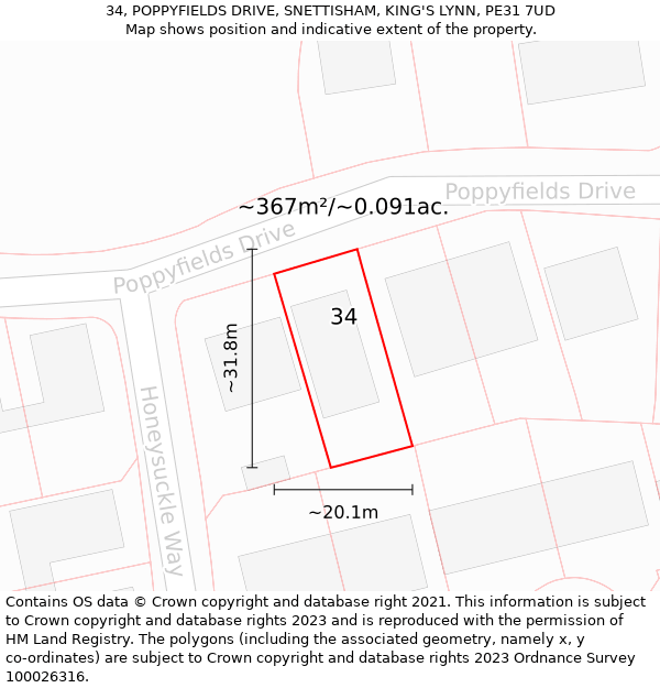 34, POPPYFIELDS DRIVE, SNETTISHAM, KING'S LYNN, PE31 7UD: Plot and title map