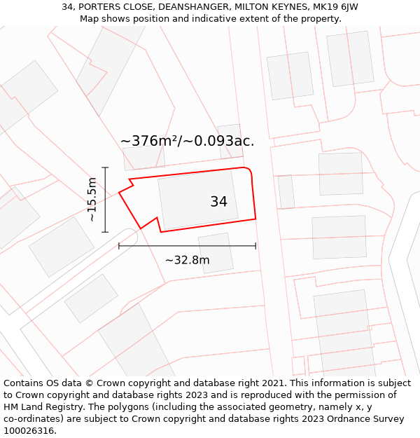 34, PORTERS CLOSE, DEANSHANGER, MILTON KEYNES, MK19 6JW: Plot and title map