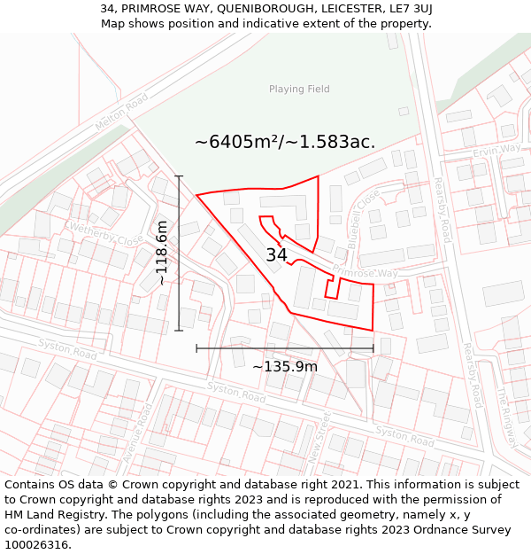 34, PRIMROSE WAY, QUENIBOROUGH, LEICESTER, LE7 3UJ: Plot and title map