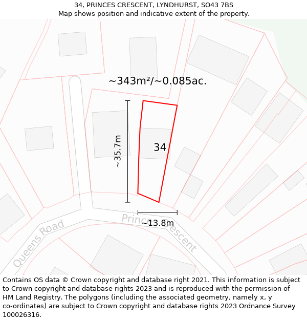 34, PRINCES CRESCENT, LYNDHURST, SO43 7BS: Plot and title map