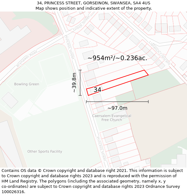 34, PRINCESS STREET, GORSEINON, SWANSEA, SA4 4US: Plot and title map