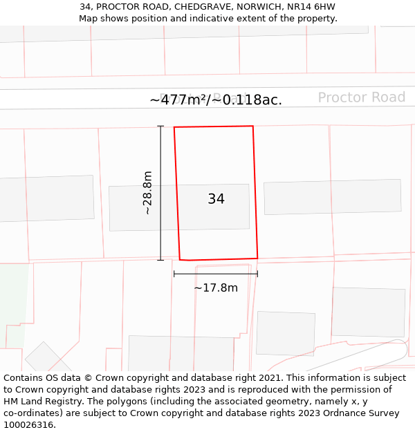 34, PROCTOR ROAD, CHEDGRAVE, NORWICH, NR14 6HW: Plot and title map