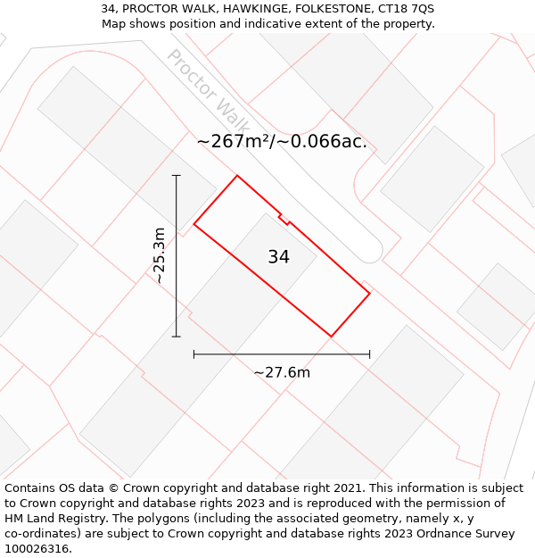34, PROCTOR WALK, HAWKINGE, FOLKESTONE, CT18 7QS: Plot and title map