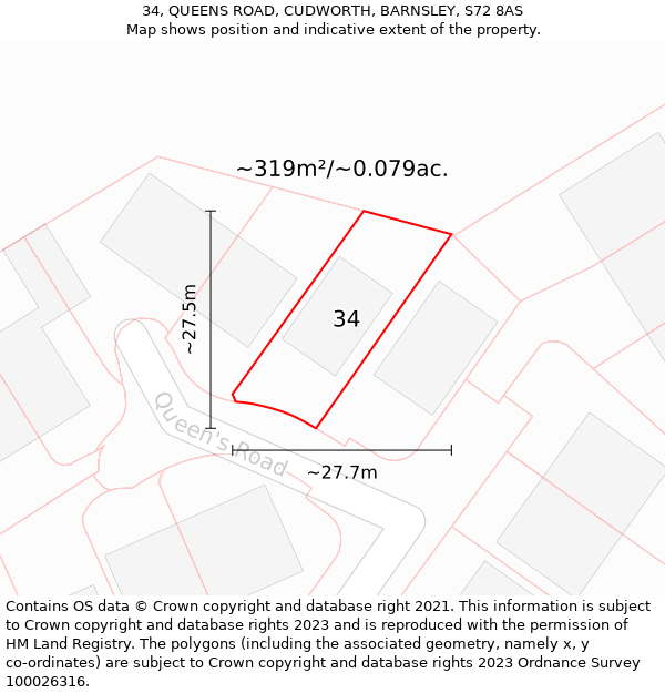 34, QUEENS ROAD, CUDWORTH, BARNSLEY, S72 8AS: Plot and title map