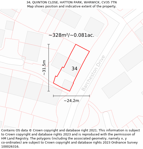 34, QUINTON CLOSE, HATTON PARK, WARWICK, CV35 7TN: Plot and title map