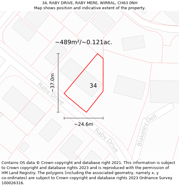 34, RABY DRIVE, RABY MERE, WIRRAL, CH63 0NH: Plot and title map