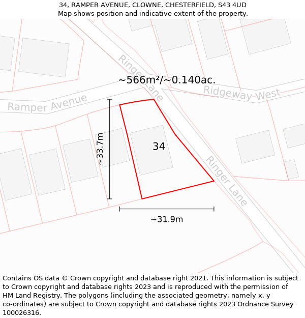 34, RAMPER AVENUE, CLOWNE, CHESTERFIELD, S43 4UD: Plot and title map