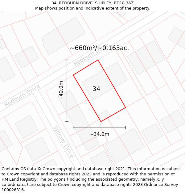 34, REDBURN DRIVE, SHIPLEY, BD18 3AZ: Plot and title map