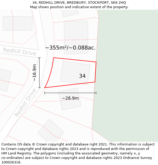 34, REDHILL DRIVE, BREDBURY, STOCKPORT, SK6 2HQ: Plot and title map