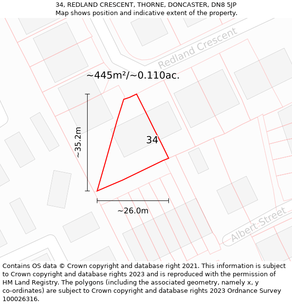 34, REDLAND CRESCENT, THORNE, DONCASTER, DN8 5JP: Plot and title map