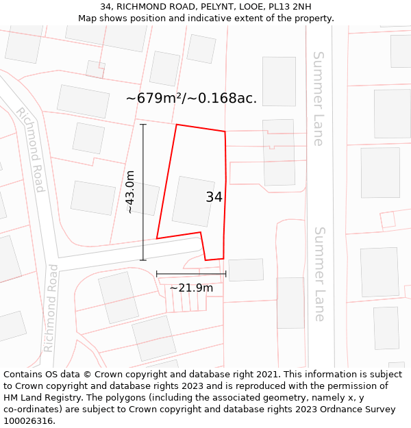 34, RICHMOND ROAD, PELYNT, LOOE, PL13 2NH: Plot and title map