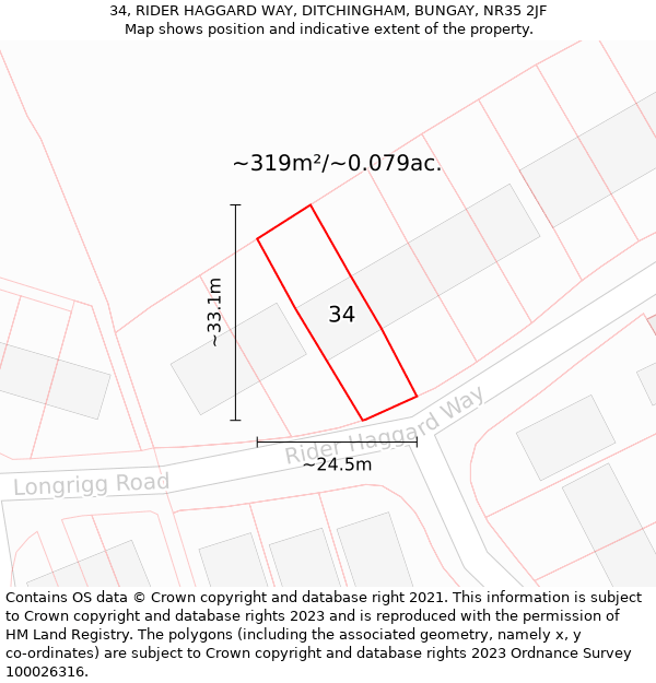 34, RIDER HAGGARD WAY, DITCHINGHAM, BUNGAY, NR35 2JF: Plot and title map