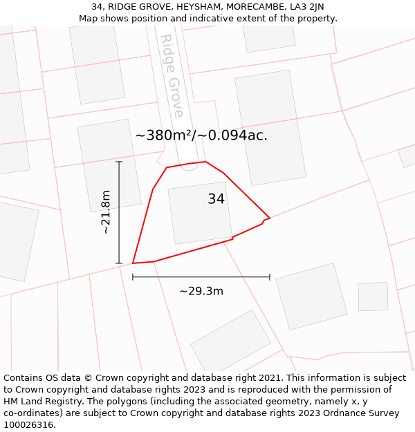 34, RIDGE GROVE, HEYSHAM, MORECAMBE, LA3 2JN: Plot and title map