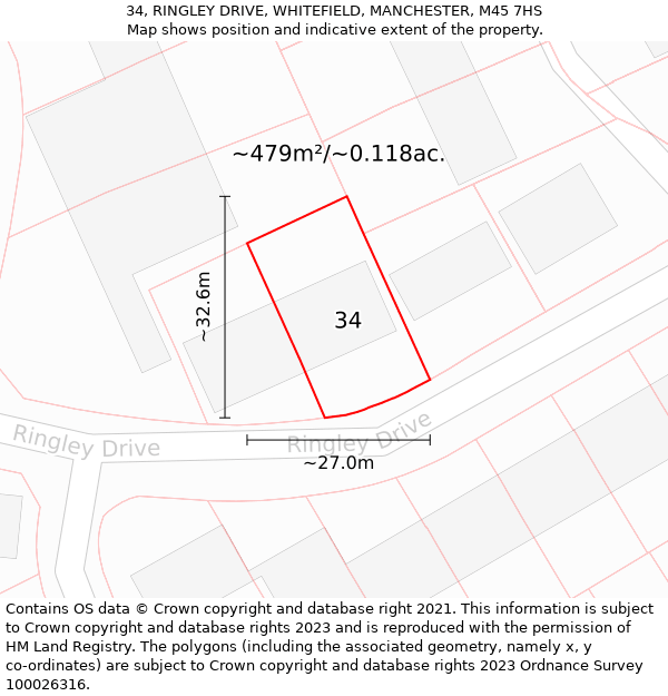34, RINGLEY DRIVE, WHITEFIELD, MANCHESTER, M45 7HS: Plot and title map