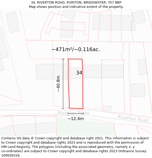 34, RIVERTON ROAD, PURITON, BRIDGWATER, TA7 8BP: Plot and title map