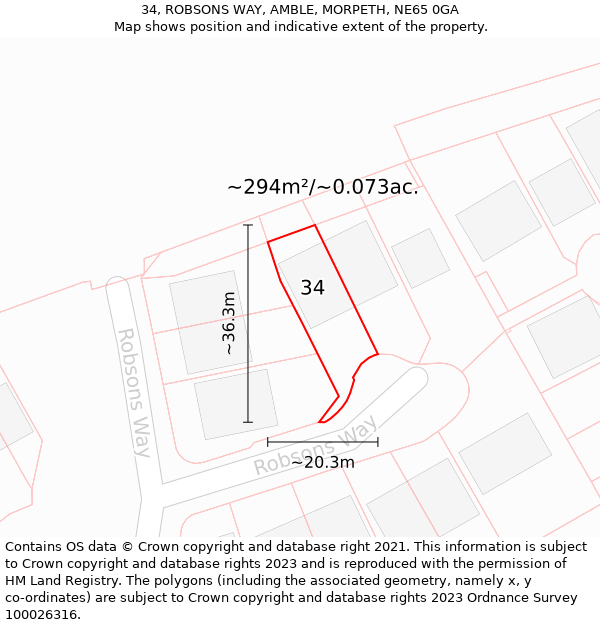 34, ROBSONS WAY, AMBLE, MORPETH, NE65 0GA: Plot and title map