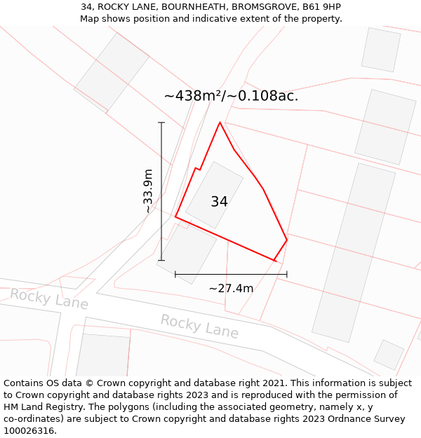 34, ROCKY LANE, BOURNHEATH, BROMSGROVE, B61 9HP: Plot and title map