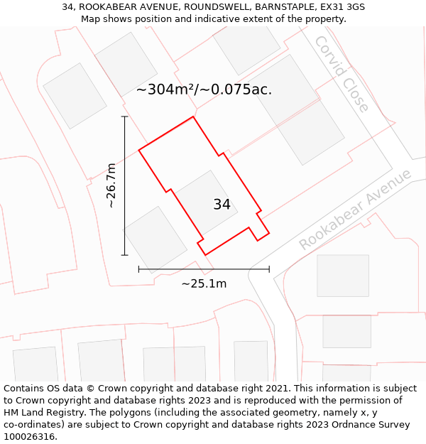 34, ROOKABEAR AVENUE, ROUNDSWELL, BARNSTAPLE, EX31 3GS: Plot and title map